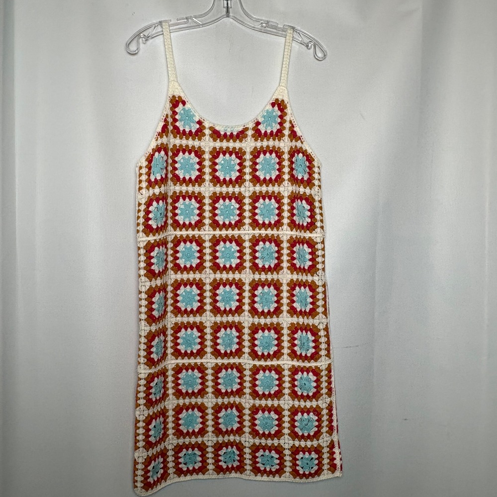 Boho Cottage Ivory Multicolor Granny Square Crochet Mini Tank Dress Womens Large